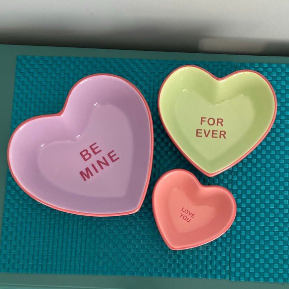 Other - Heart Shaped Nesting Bowls 3 Pc Set Ceramic Purple Pink Green